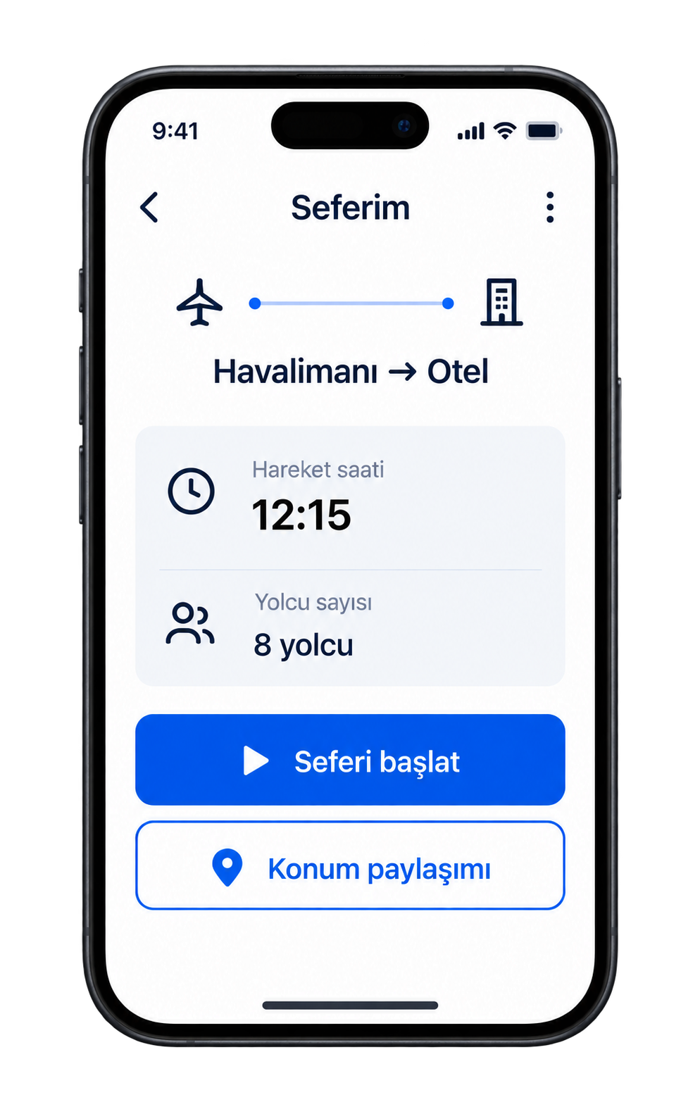 Şoför uygulamasının örnek sefer ekranı: hareket saati, yolcu bilgileri ve konum paylaşımı.